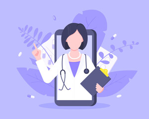 Online doctor medical service concept with doctor in the smartphone vector illustration. Telemedicine web consultation for patients health care check ups and taking medicine prescription pills.