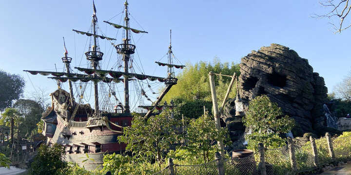 disney land Pirates of the Caribbean boat wooden pirate ship in the park of Disneyland Paris France