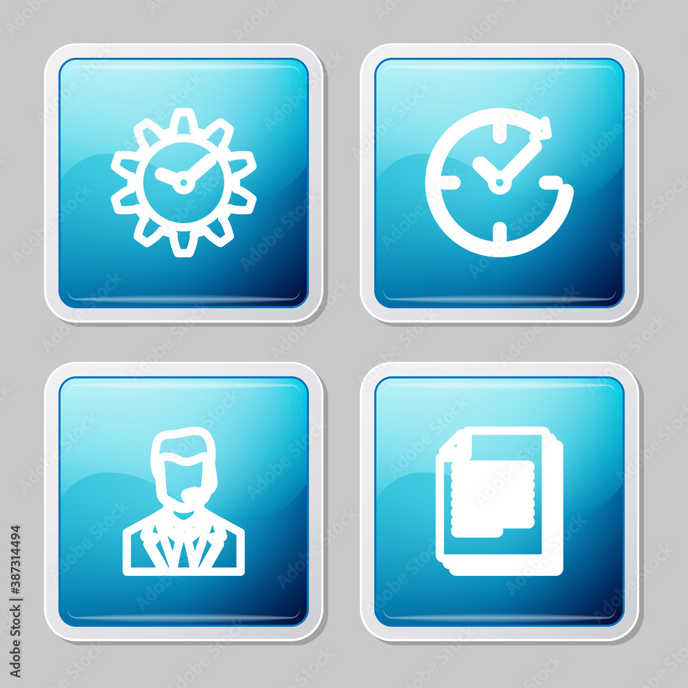 Poster set line time management, clock with arrow, headset and document icon. vector.