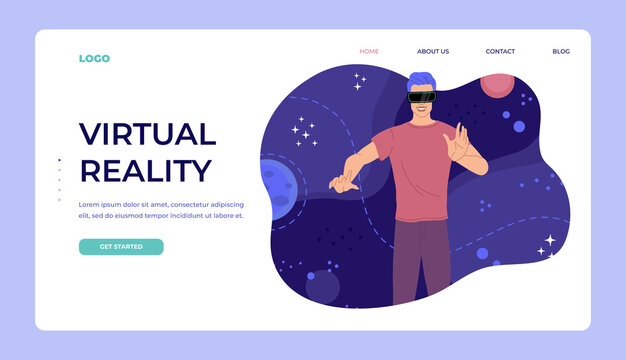 Character of men explores space in vr glasses. Landing page concept, happy young male with goggles for virtual reality, online education. Vector illustration in flat cartoon style. 
