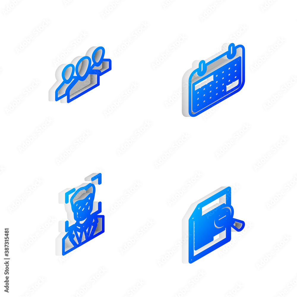 Poster Set Isometric line Calendar, Users group, Face recognition and Document with search icon. Vector.