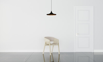 White interrior with dark flat lamp and chair