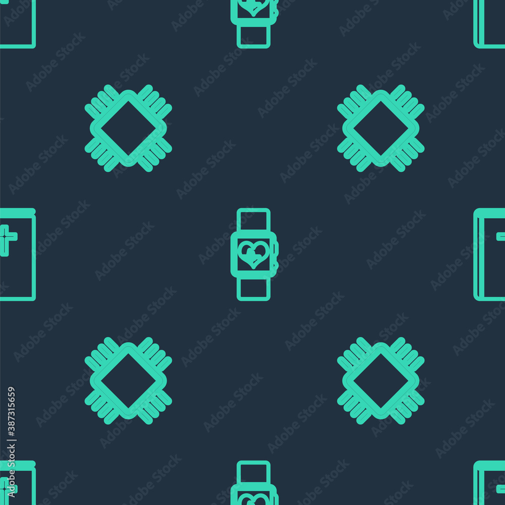 Poster set line smart watch heart beat rate, processor with cpu and holy bible book on seamless pattern. ve