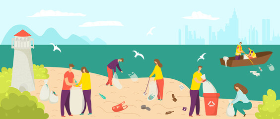 Garbage waste at beach, clean environment at shore vector illustration. Cartoon people pick up trash pollution at ocean shore. Woman man collect plastic at seaside, volunteer activist character.