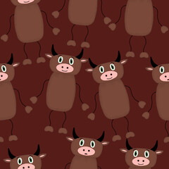 childish seamless pattern with emotional bulls on a red background