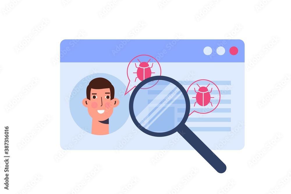 Poster vulnerability and bugs search or scan, finding malware concept. vector illustration.