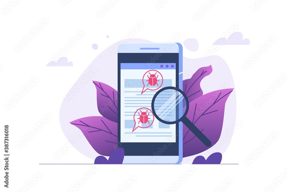 Poster vulnerability and bugs search or scan, finding malware concept. vector illustration.