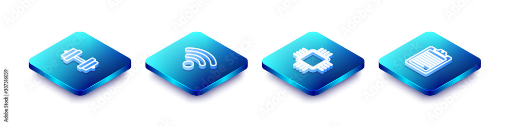 Poster set isometric line dumbbell, wi-fi wireless network, processor with cpu and clipboard document icon.