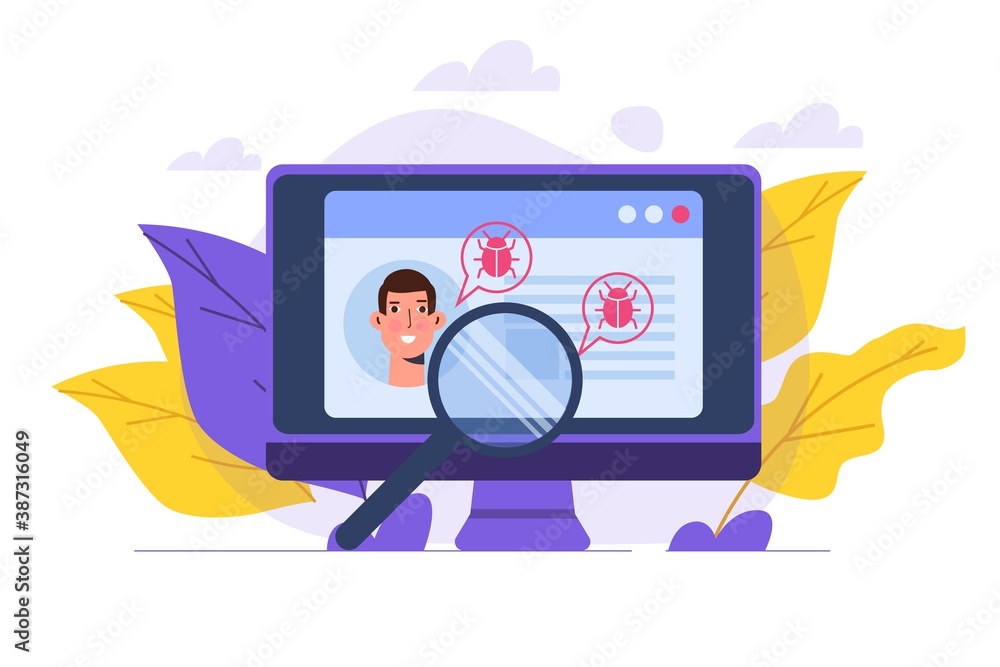 Poster vulnerability and bugs search or scan, finding malware concept. vector illustration.