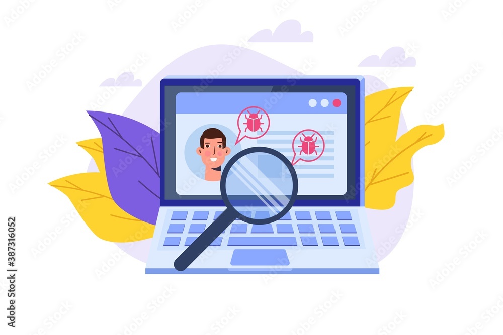 Poster vulnerability and bugs search or scan, finding malware concept. vector illustration.
