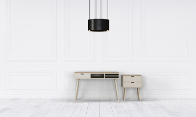 Modern workspace with desk and lamp in minimalistic interior