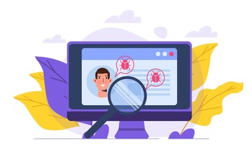 Vulnerability and bugs search or scan, finding malware concept.  Vector illustration.