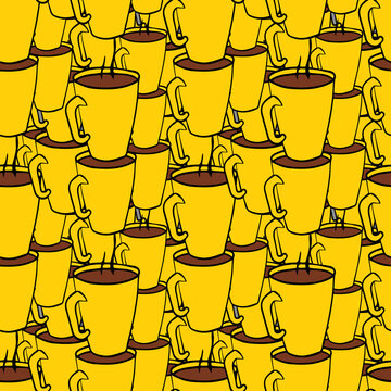 A Pattern Of Many Yellow Coffee Mugs. Yellow Seamless Abstract Pattern.