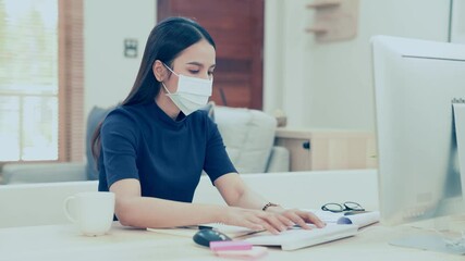 Young business woman wears face mask using computer coughing at home office. Ill female worker working distantly self-isolating having coronavirus flu infection symptom concept.
- Powered by Adobe