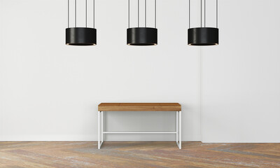 Modern workspace with desk and lamp in minimalistic interior