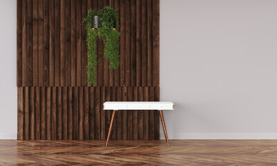 Modern workspace with desk and lamp in minimalistic interior