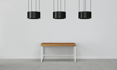 Modern workspace with desk and lamp in minimalistic interior