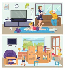 Family set man woman people character at cartoon home, vector illustration. Mother father boy girl kid together collection. Flat scene with happy parent and child at house room interior.