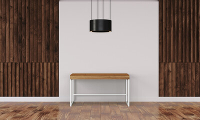 Modern workspace with desk and lamp in minimalistic interior