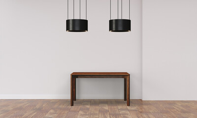 Modern workspace with desk and lamp in minimalistic interior