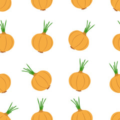 Onion seamless pattern. Vegetables on white background. Vector illustration.