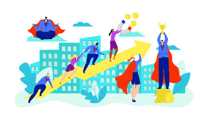 Business success with businessman superhero finance support, vector illustration. Man manager go for leadership achievement. Financial work with flat leader person concept, graph growth.