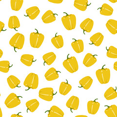 Yellow sweet bell peppers. Paprika. Vegetables on white background. Seamless pattern. Vector illustration.