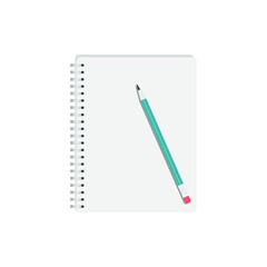 A blank page of an open notebook and a simple pencil lies on it. Vector illustration, flat cartoon color minimal design isolated on white background, eps 10.