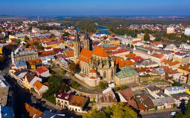 Fototapeta na wymiar View from drone of ancient Gothic Archdeacon Church of St. Bartholomew in old Czech town of Kolin on Elbe River, Central Bohemian Region