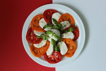 On a white plate, a tomato vegetable salad is decorated with mozzarella on a red background
