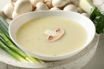 Concept of tasty lunch with bowl of mushroom soup, close up