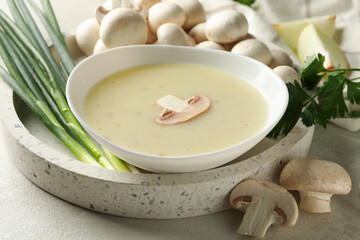 Concept of tasty lunch with bowl of mushroom soup, close up