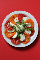 Vegetable salad with tomatoes and cheese on a red background