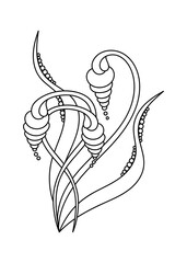 Stylized flower buds on thin stems and leaves , floral illustration . Vector hand drawn style. Coloring books for adults and children.