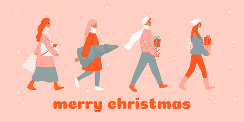 Fototapeta na wymiar Christmas and Happy New Year market, people shopping, buying gifts. People in warm clothes walking and carrying present boxes. Cartoon winter poster, banner, greeting card set. Outdoor activities