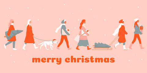 Christmas and Happy New Year market, people shopping, buying gifts. People in warm clothes walking and carrying present boxes. Cartoon winter poster, banner, greeting card set. Outdoor activities