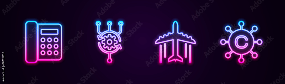 Poster set line telephone, algorithm, plane and copywriting network. glowing neon icon. vector.