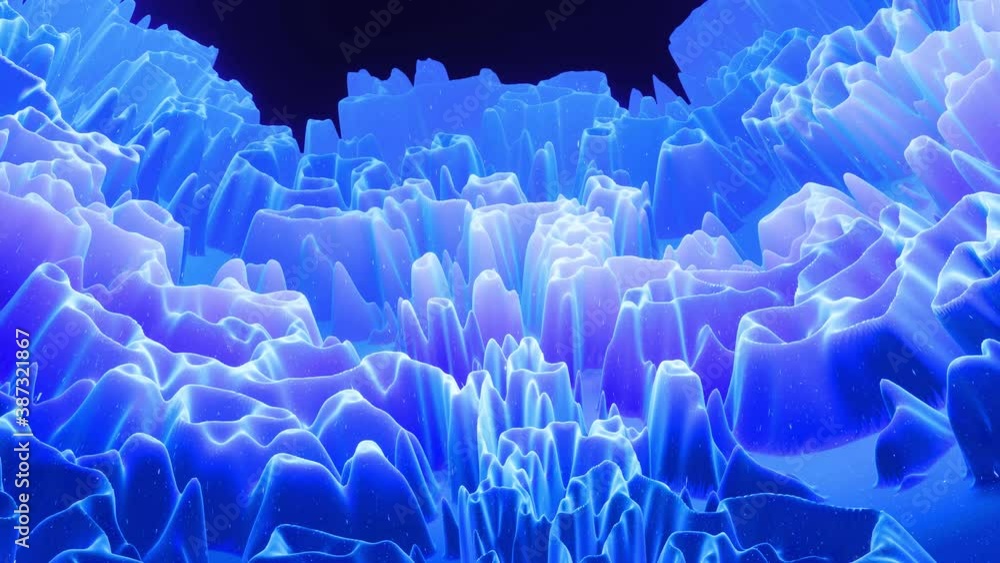 Poster beautiful abstract 3d surface with glitter sparkles, abstract 3d waves run on surface in loop. blue 