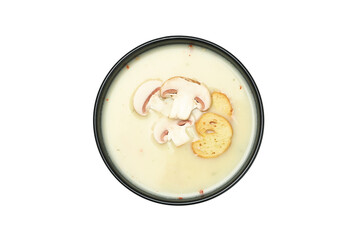 Bowl with tasty mushroom soup isolated on white background