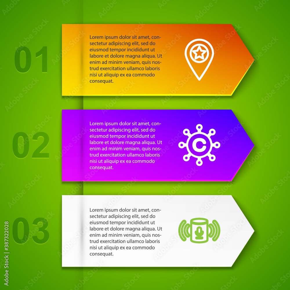 Poster set line location with star, copywriting network, voice assistant and web camera. business infograph