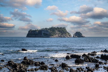 Jeju Island is a representative tourist destination in Korea. This is Beomseom Island seen from Seogwipo Coastal Trail.