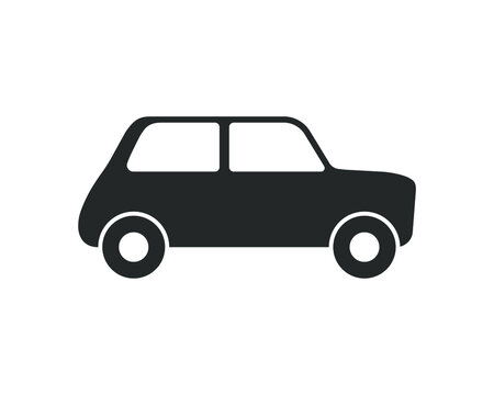Car vector icon. Small or little mini size automobile. Comic transport logo. Cute cartoon style image. Funny vintage auto vehicle symbol sign. Black silhouette isolated on white background.