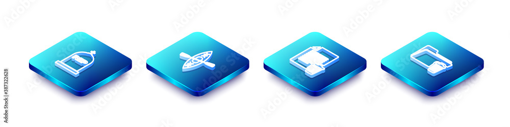 Poster set isometric line tombstone with rip written, kayak and paddle, delete file document and folder ico