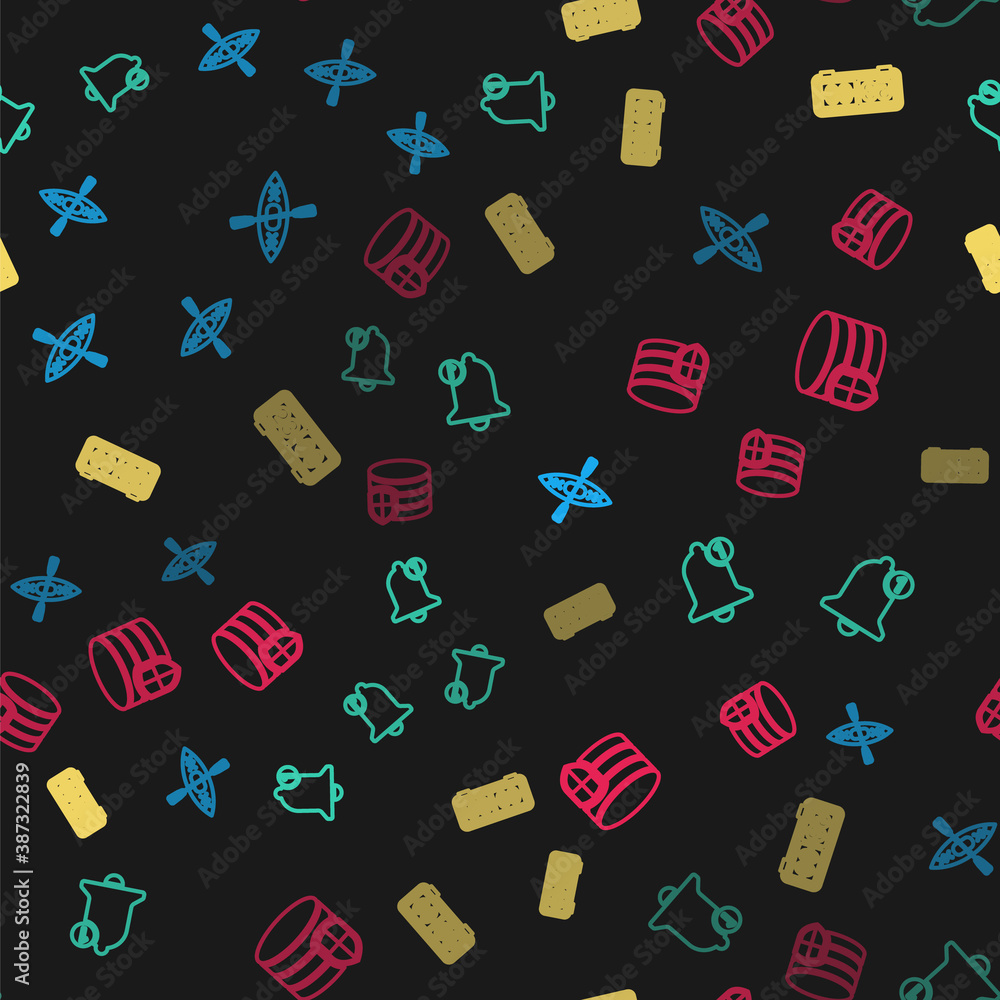 Poster set line kayak and paddle, bell, retro flip clock and database protection on seamless pattern. vecto