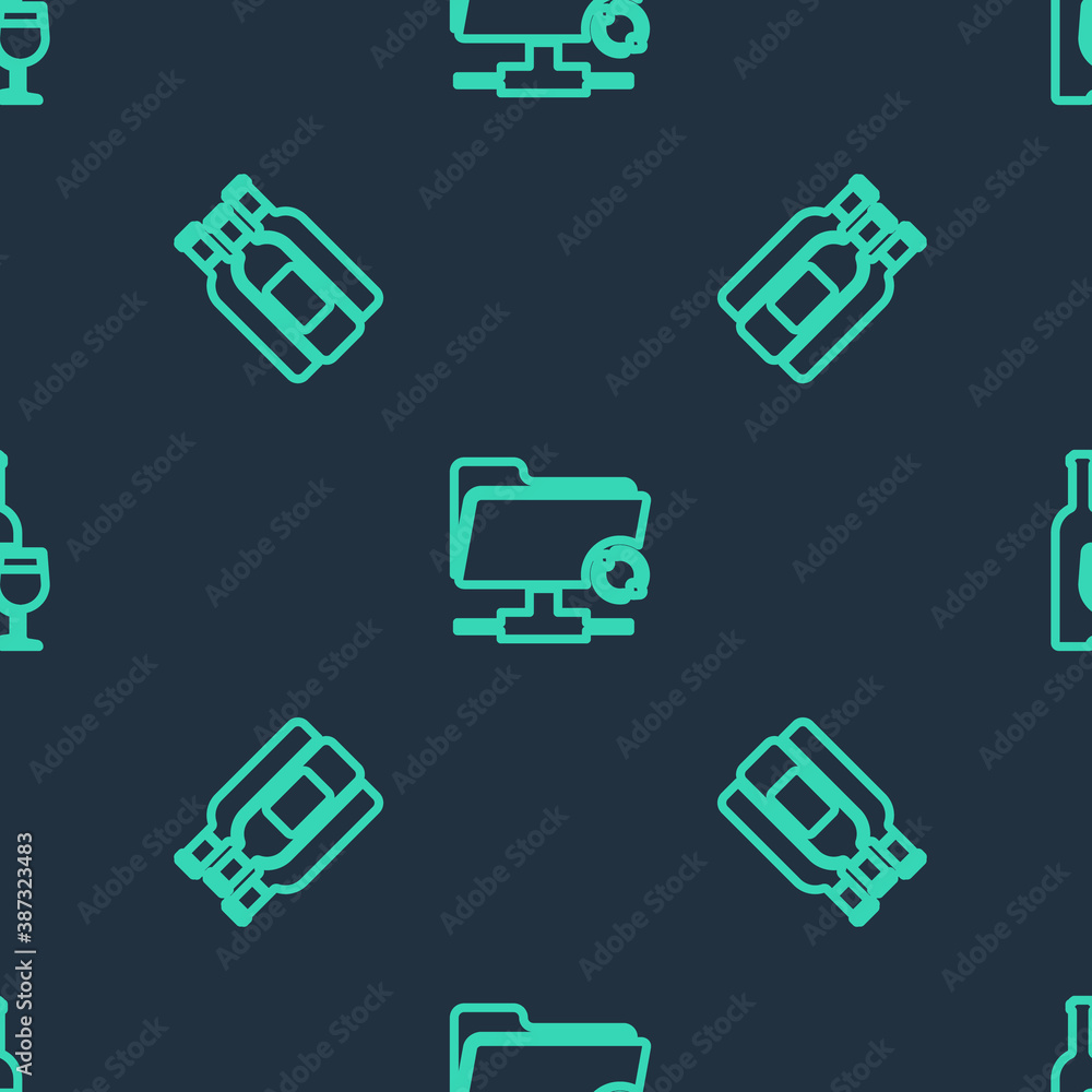 Poster set line ftp sync refresh, bottles of wine and wine bottle with glass on seamless pattern. vector.