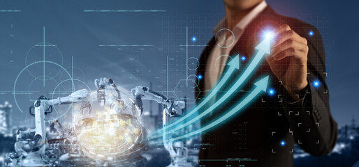 Futuristic technology trend concept of smart industry 4.0 engineer use artificial intelligence robotic automation machine in factory Connecting data network software to monitoring, operating process