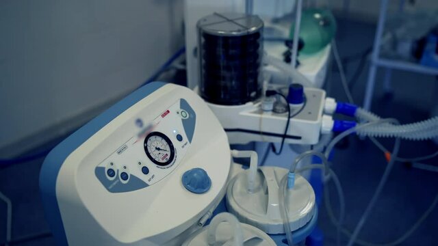 Ventilation Of Patient With Pneumonia. Close Up Of Medical Ventilator Machine In Hospital