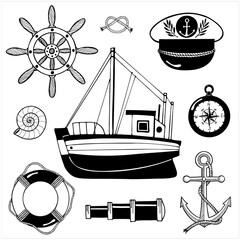 Set of hand drawn vector illustration in black and white. Clipart with fishing boat; helm wheel; Capitan hat; compass; life ring; anchor; shy glass; sea knot and shells