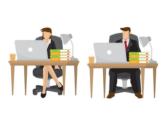 Business man and woman in suit working on a laptop computer on their working desk in the office. Concept of employee working. Vector illustration.