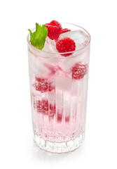 glass of iced drink with fresh raspberries